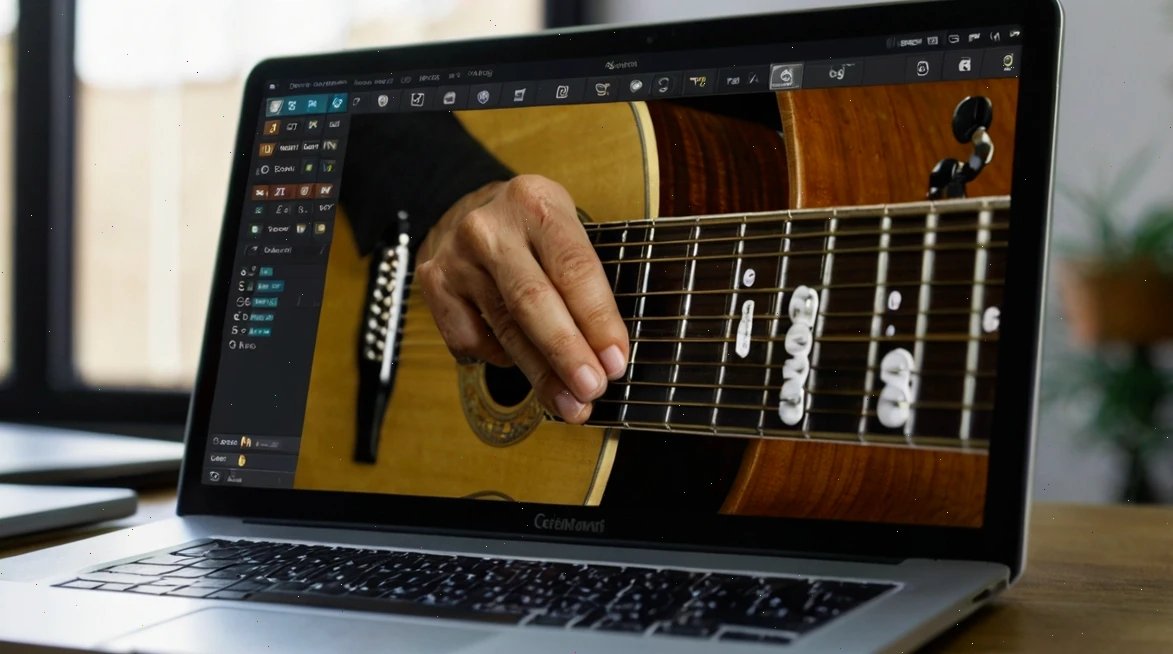 Mladý muž hrá na gitare na obrazovke notebooku v modernom prostredí, s viditeľným detailom hmatníka a prstov na strunách